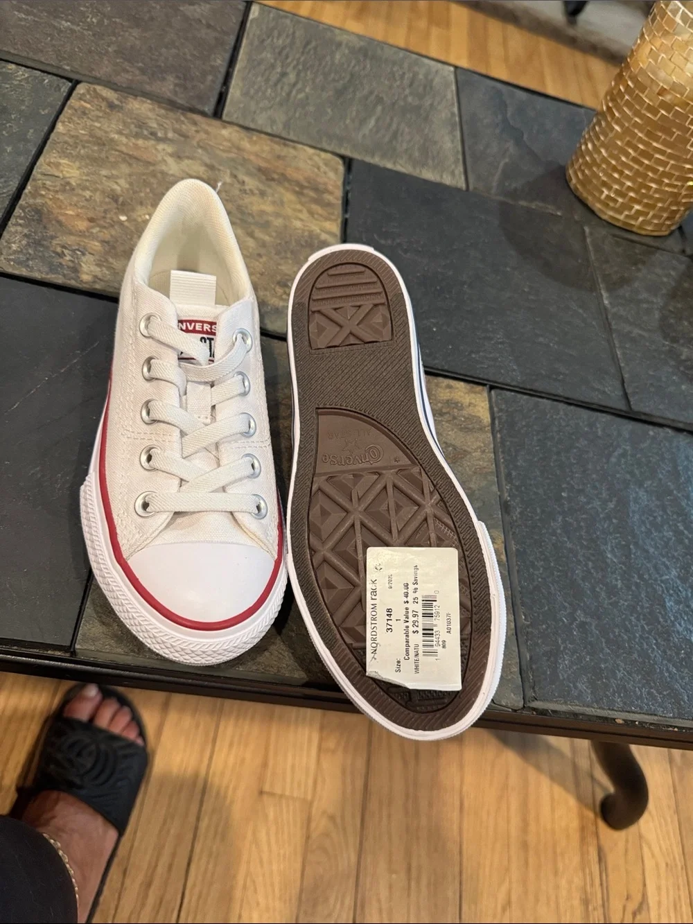 Converse Kids Low Top Canvas Sneakers in White with Red Trim
